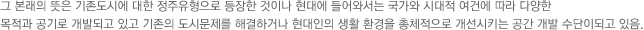 그 본래의 기존도시에 대한 정주유형으로 등장한 것이나 현대에 들어와서는 국가와 시대적 여건에 따라 다양한 목적과 공기로 개발되고 있고 기존의 도시문제를 해결하거나 현대인의 생활 환경을 총체적으로 개선시키는 공간 개발 수단이되고 있음.