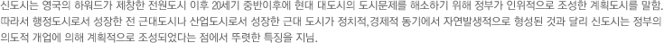 신도시는 영국의 제창한 전원도시 이후 20세기 중반이후에 현대도시의 도시문제를 해소하기 위해 정부가 인위적으로 조성한 계획도시를 말함. 따라서 행정도시로서 성장한 전 근대도시나 산업도시로서 성장한 근대 도시가 정치적, 경제적 동기에서 자연발생적으로 형성된 것과 달리 신도시는 정부으 의도적 개업에 의해 계획적으로 조성되었다는 점에서 뚜렷한 특징을 지님.